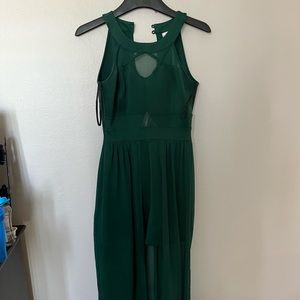 Emerald green midi dress with a long sheer tail. Used 1 time